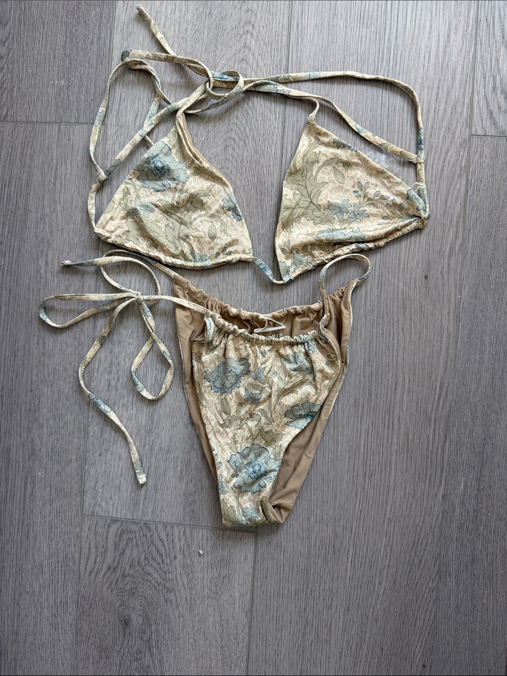 Tie-String Floral Triangle Bikini in Beige and Light Blue